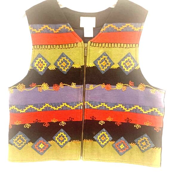 Vintage Susan Bristol Embroidered Vest Large Full Zip Boho Aztec Artsy V Neck - Picture 1 of 12